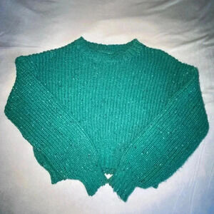 Womens Cropped Green Knit Crewneck Sweater Size Small